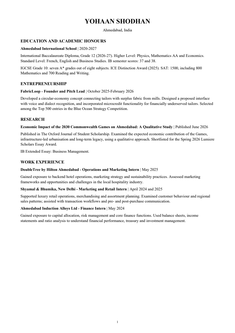 Yohaan Shodhan resume, page 1