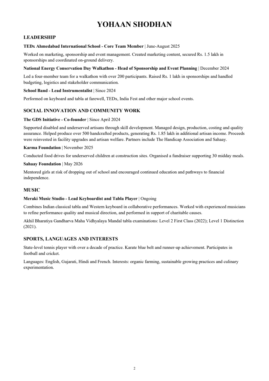 Yohaan Shodhan resume, page 2